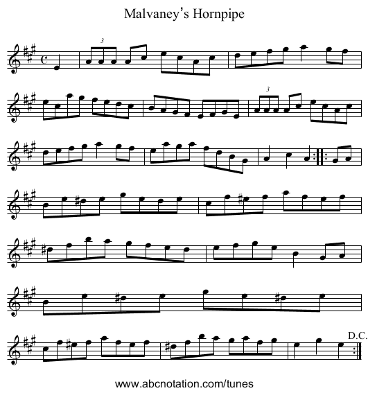 Malvaney’s Hornpipe - staff notation