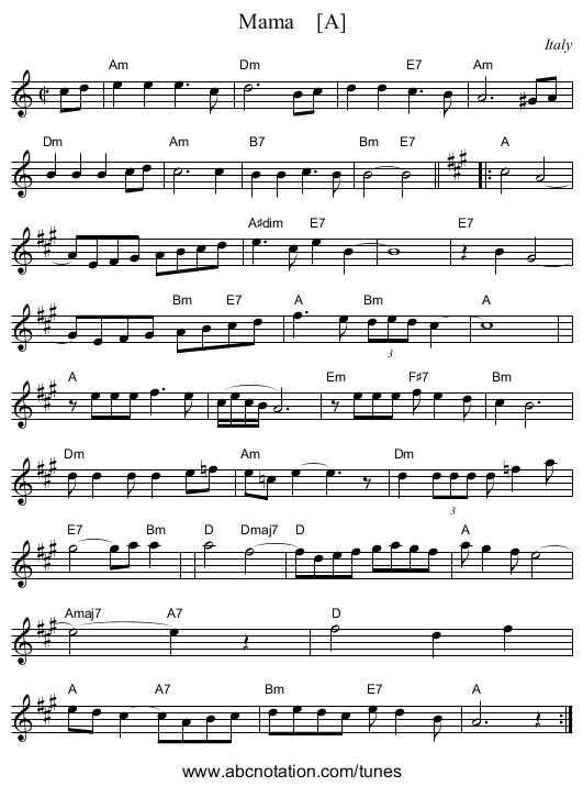 Mama    [A] - staff notation