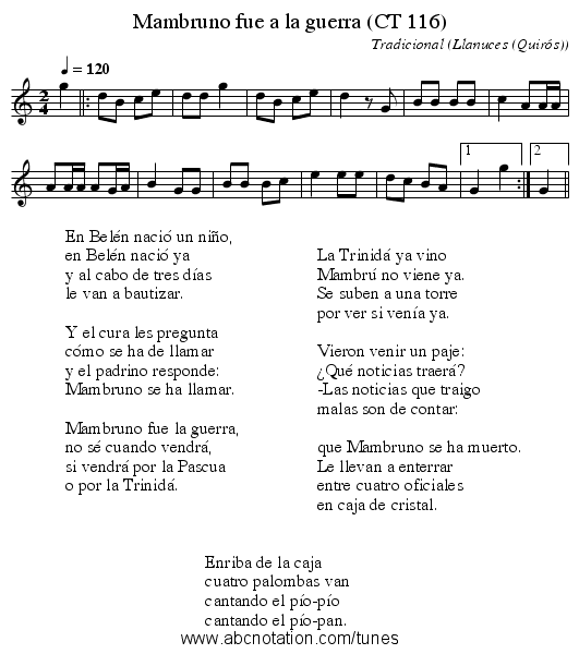 Mambruno fue a la guerra (CT 116) - staff notation