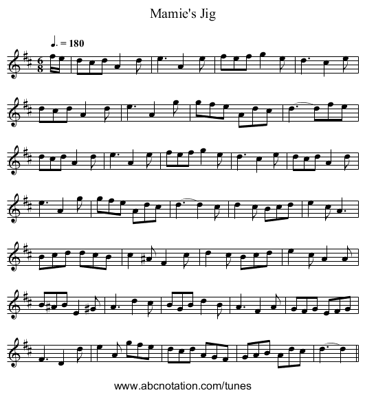 Mamie's Jig - staff notation