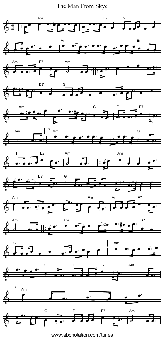 Man From Skye, The - staff notation