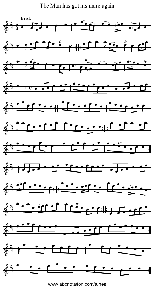 Man has got his mare again, The - staff notation