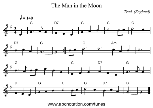 Man in the Moon, The - staff notation