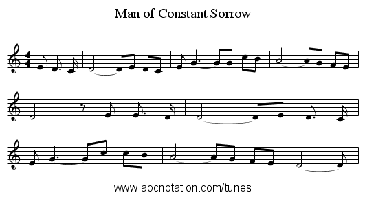 Man of Constant Sorrow - staff notation