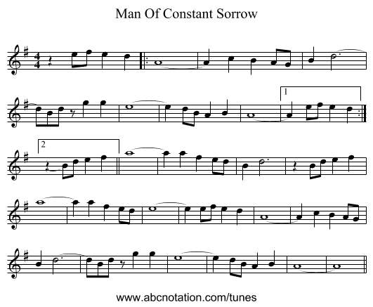 Man Of Constant Sorrow - staff notation