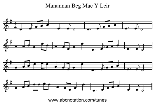 Manannan Beg Mac Y Leir - staff notation