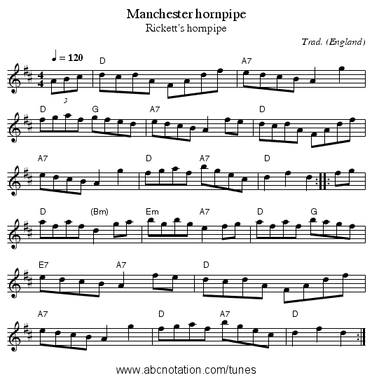 Manchester hornpipe - staff notation