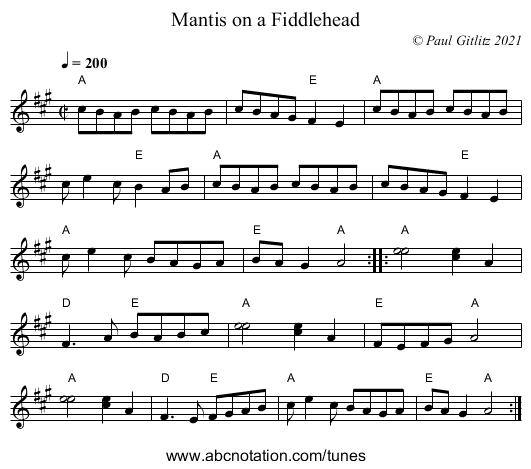 Mantis on a Fiddlehead - staff notation