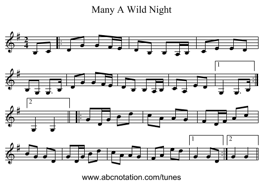 Many A Wild Night - staff notation