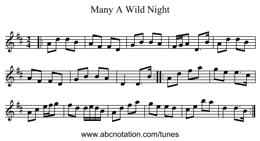 Many A Wild Night - staff notation