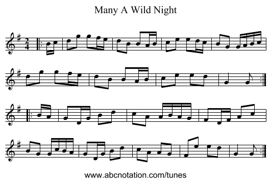 Many A Wild Night - staff notation