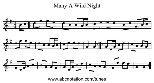 Many A Wild Night - staff notation