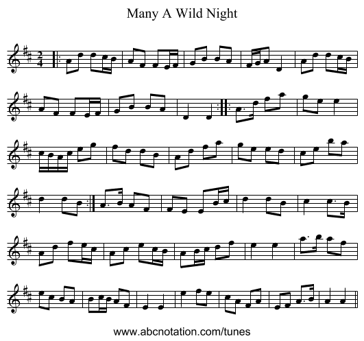 Many A Wild Night - staff notation