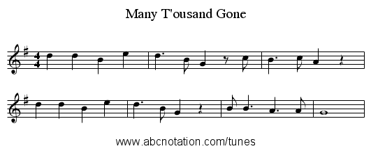 Many T'ousand Gone - staff notation