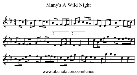 Many's A Wild Night - staff notation
