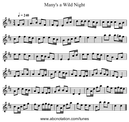 Many's a Wild Night - staff notation