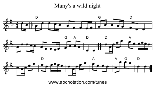 Many's a wild night - staff notation