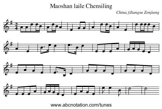 Maoshan laile Chensiling - staff notation