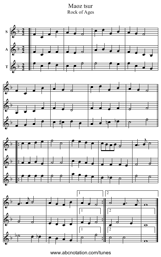 Maoz tsur - staff notation