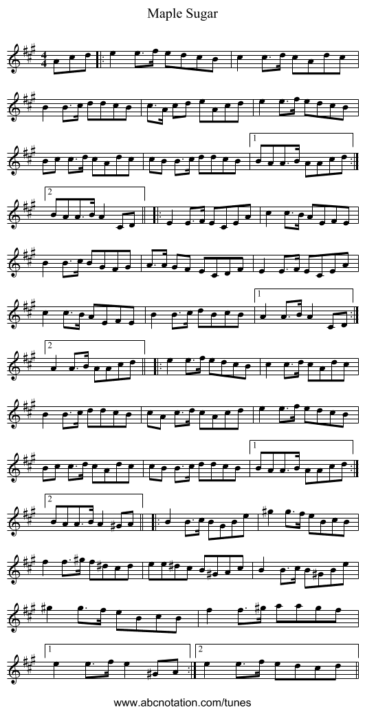 Maple Sugar - staff notation