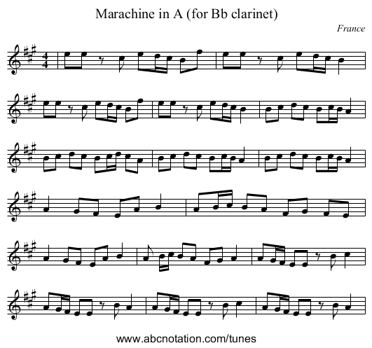 Marachine in A (for Bb clarinet) - staff notation