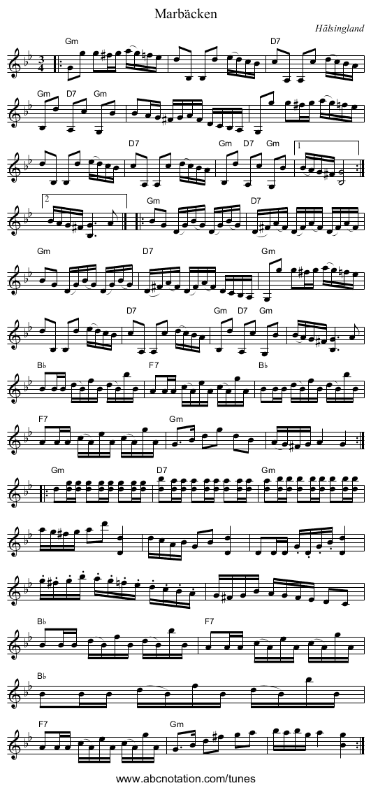 Marbäcken - staff notation