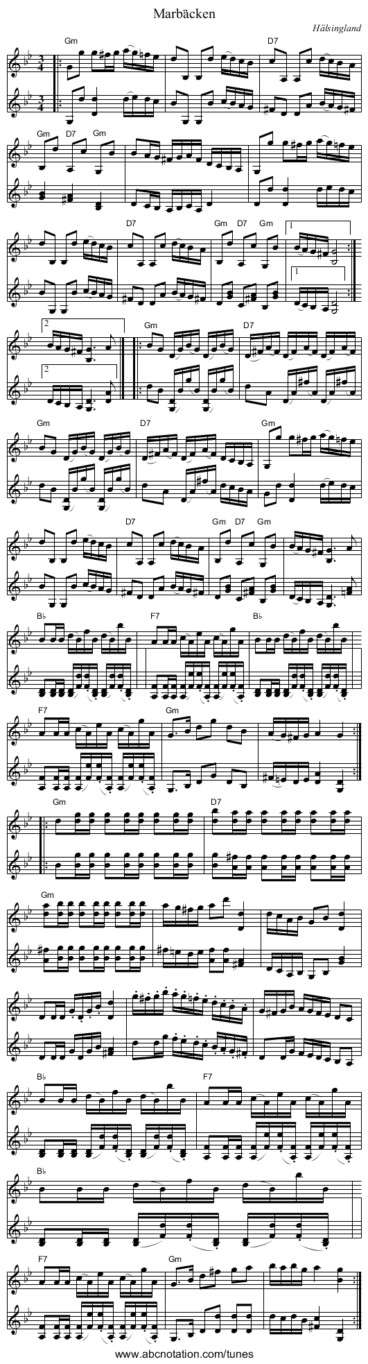 Marbäcken - staff notation