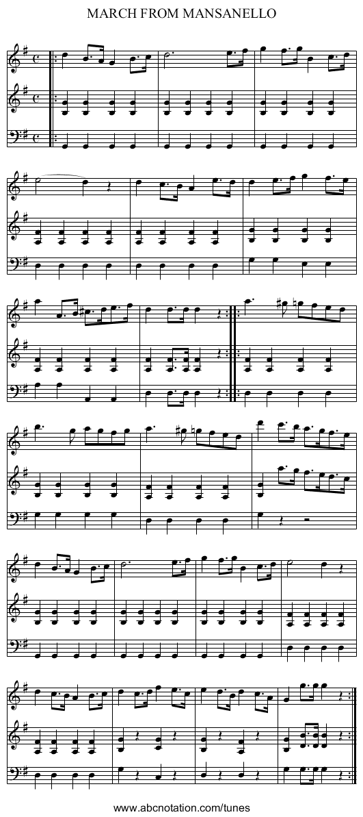 MARCH FROM MANSANELLO - staff notation