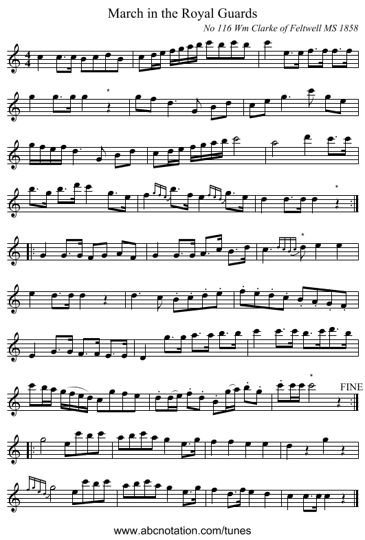 March in the Royal Guards - staff notation