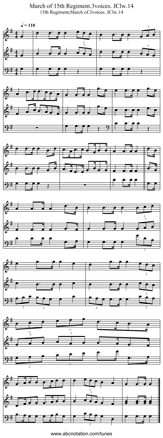 March of 15th Regiment.3voices. JClw.14 - staff notation