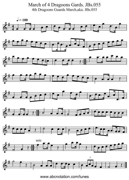 March of 4 Dragoons Gards. JBs.055 - staff notation