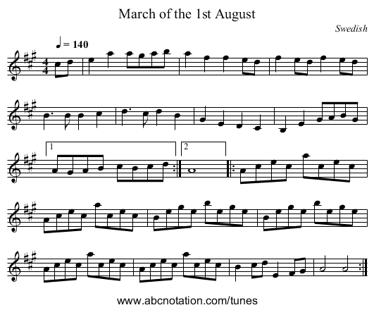 March of the 1st August - staff notation