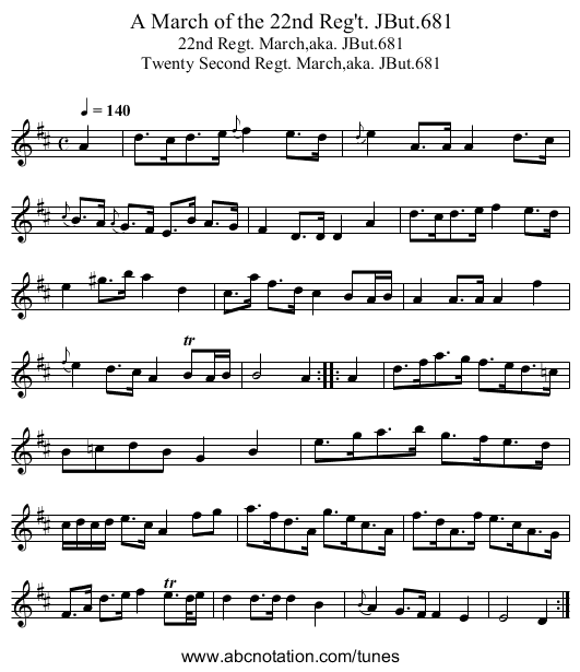 March of the 22nd Reg't. JBut.681, A - staff notation