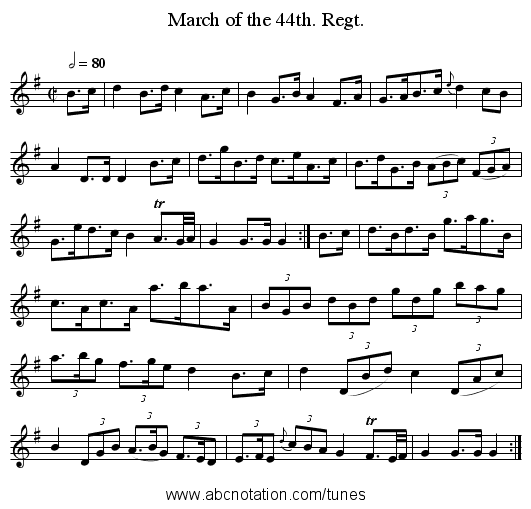 March of the 44th. Regt. - staff notation