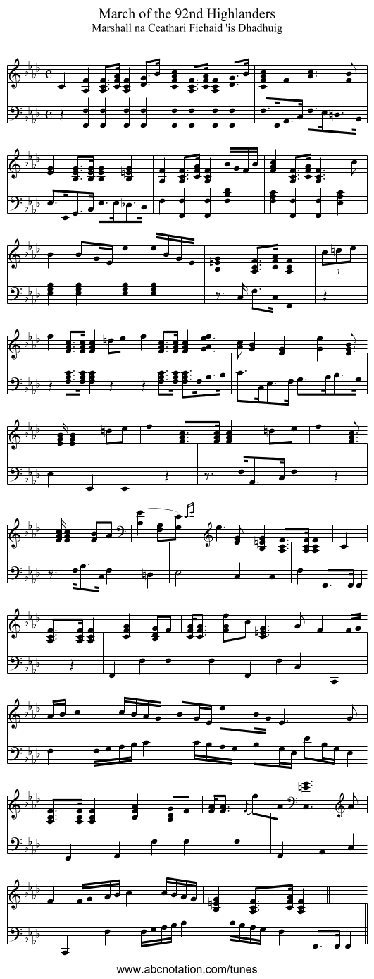 March of the 92nd Highlanders - staff notation
