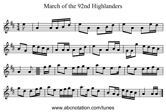 March of the 92nd Highlanders - staff notation