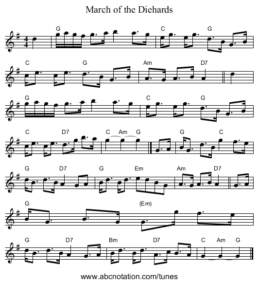 March of the Diehards - staff notation