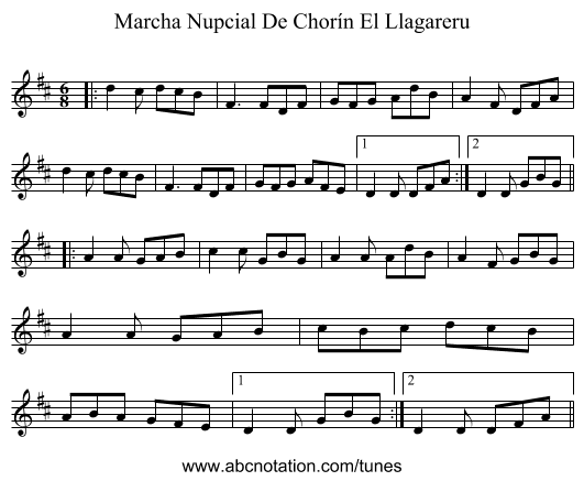 Marcha Nupcial De Chorín El Llagareru - staff notation