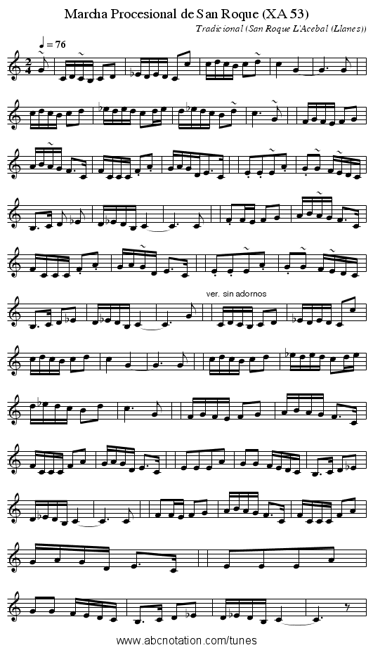 Marcha Procesional de San Roque (XA 53) - staff notation