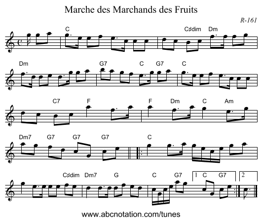 Marche des Marchands des Fruits - staff notation