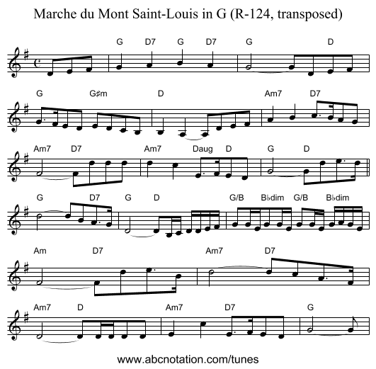 Marche du Mont Saint-Louis in G (R-124, transposed) - staff notation