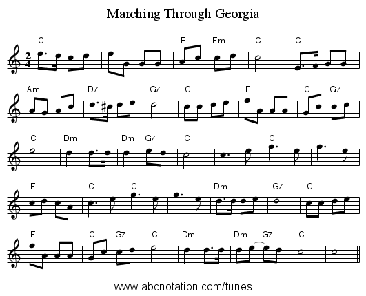 Marching Through Georgia - staff notation