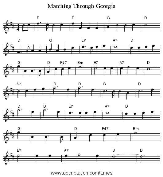Marching Through Georgia - staff notation