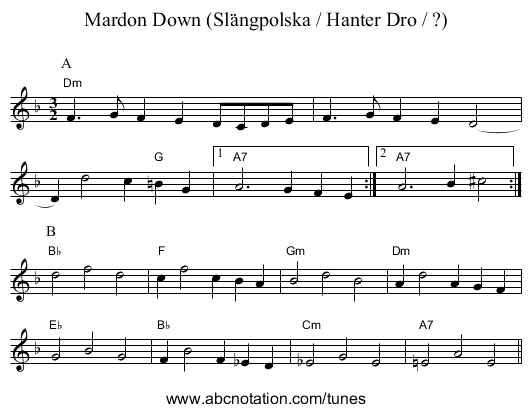 Mardon Down (Slängpolska / Hanter Dro / ?) - staff notation