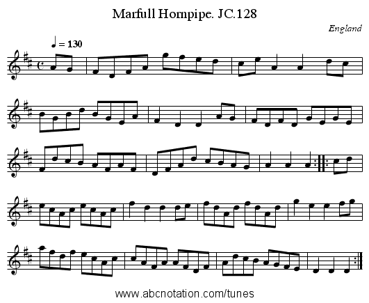 Marfull Hornpipe. JC.128 - staff notation