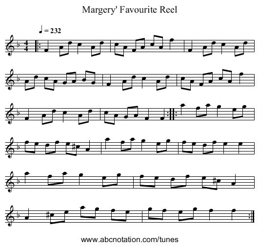 Margery' Favourite Reel - staff notation