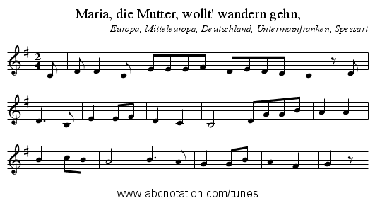 Maria, die Mutter, wollt' wandern gehn, - staff notation