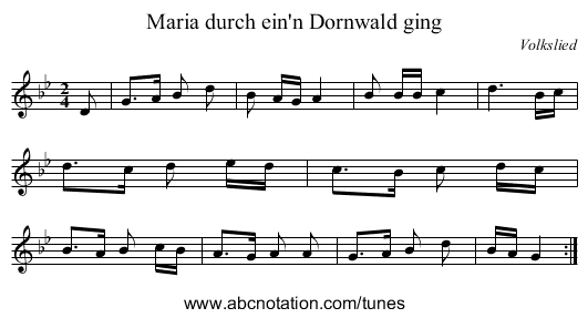 Maria durch ein'n Dornwald ging - staff notation