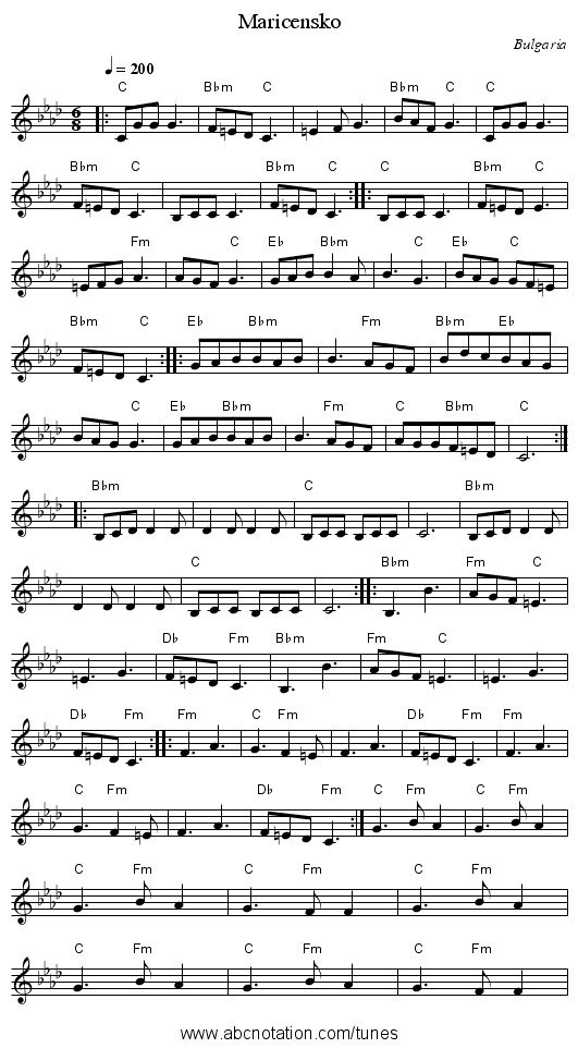 Maricensko - staff notation
