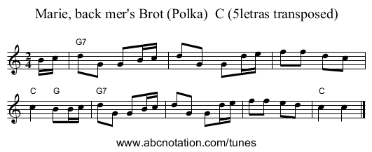 Marie, back mer's Brot (Polka)  C (5letras transposed) - staff notation